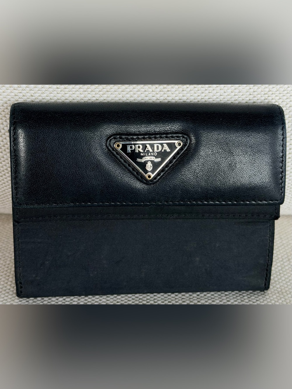 PRADA Vintage Black Double Flap Trifold Wallet Tessuto Nylon Leather EUC